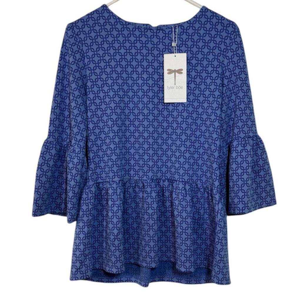 NWT Tyler Böe Women’s S Blue Geometric Peplum Bell Sleeve Knit Top